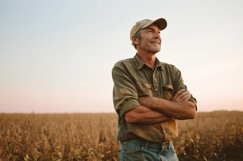 Senior farmer standing with arms crossed in a soybean field at sunset