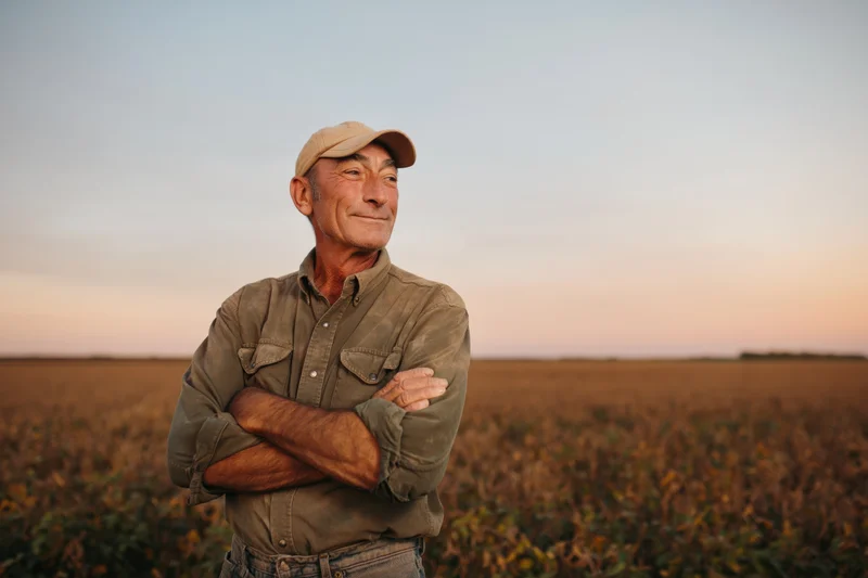 Senior farmer standing with arms crossed in a soybean field at sunset