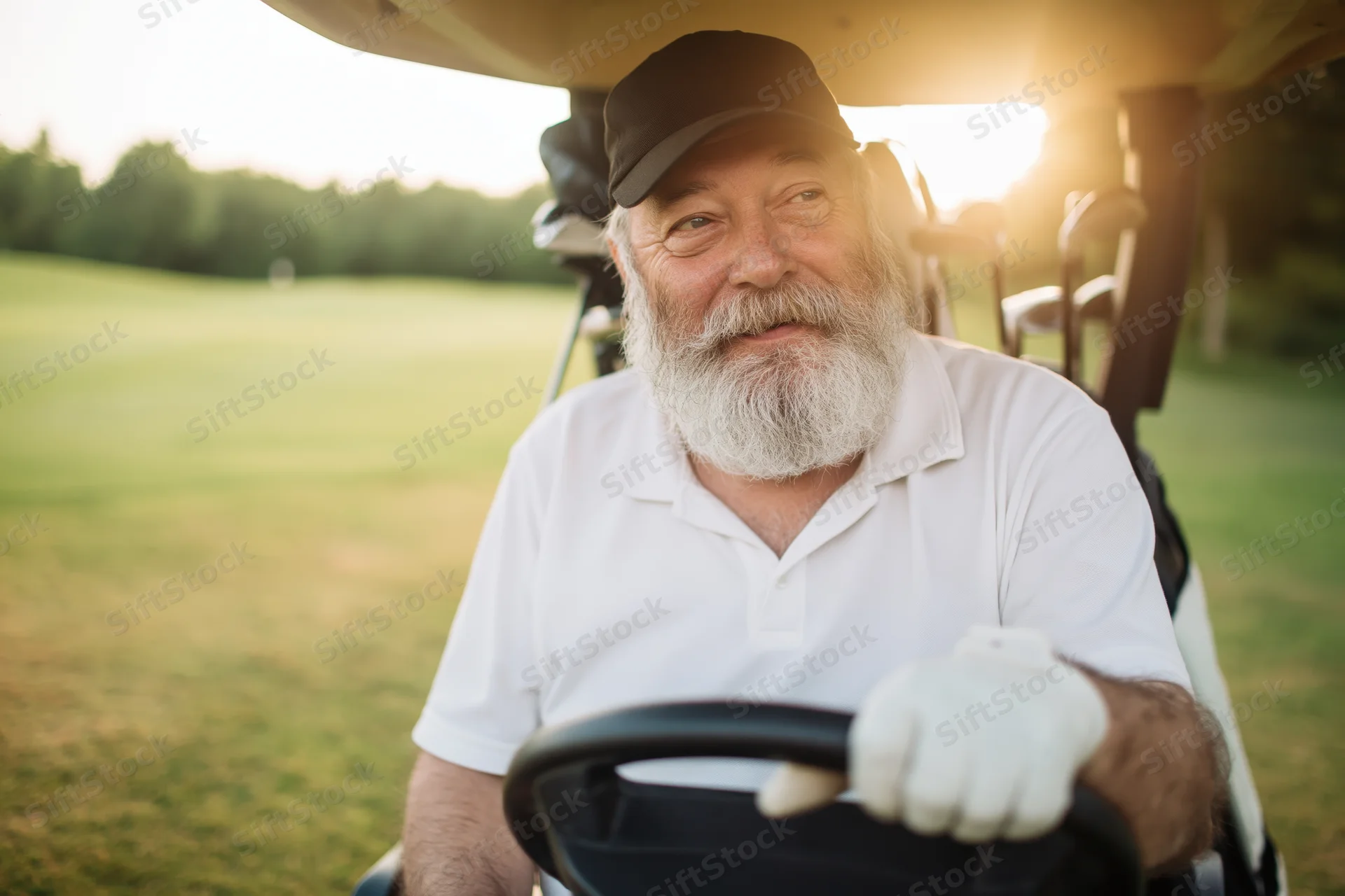 Senior man with grey beard driving golf cart on course at sunset