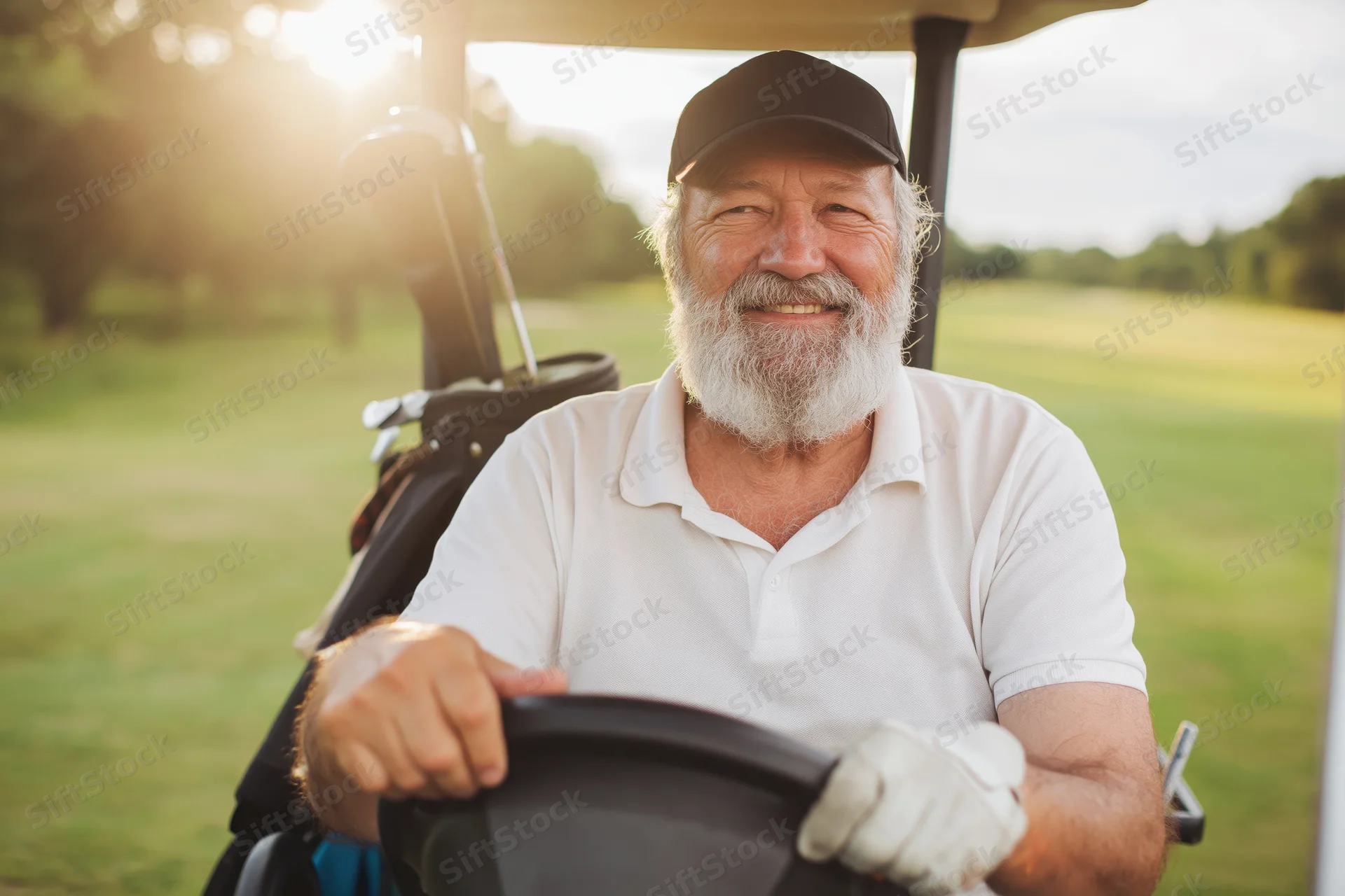 Senior man smiling while driving a golf cart on a green course