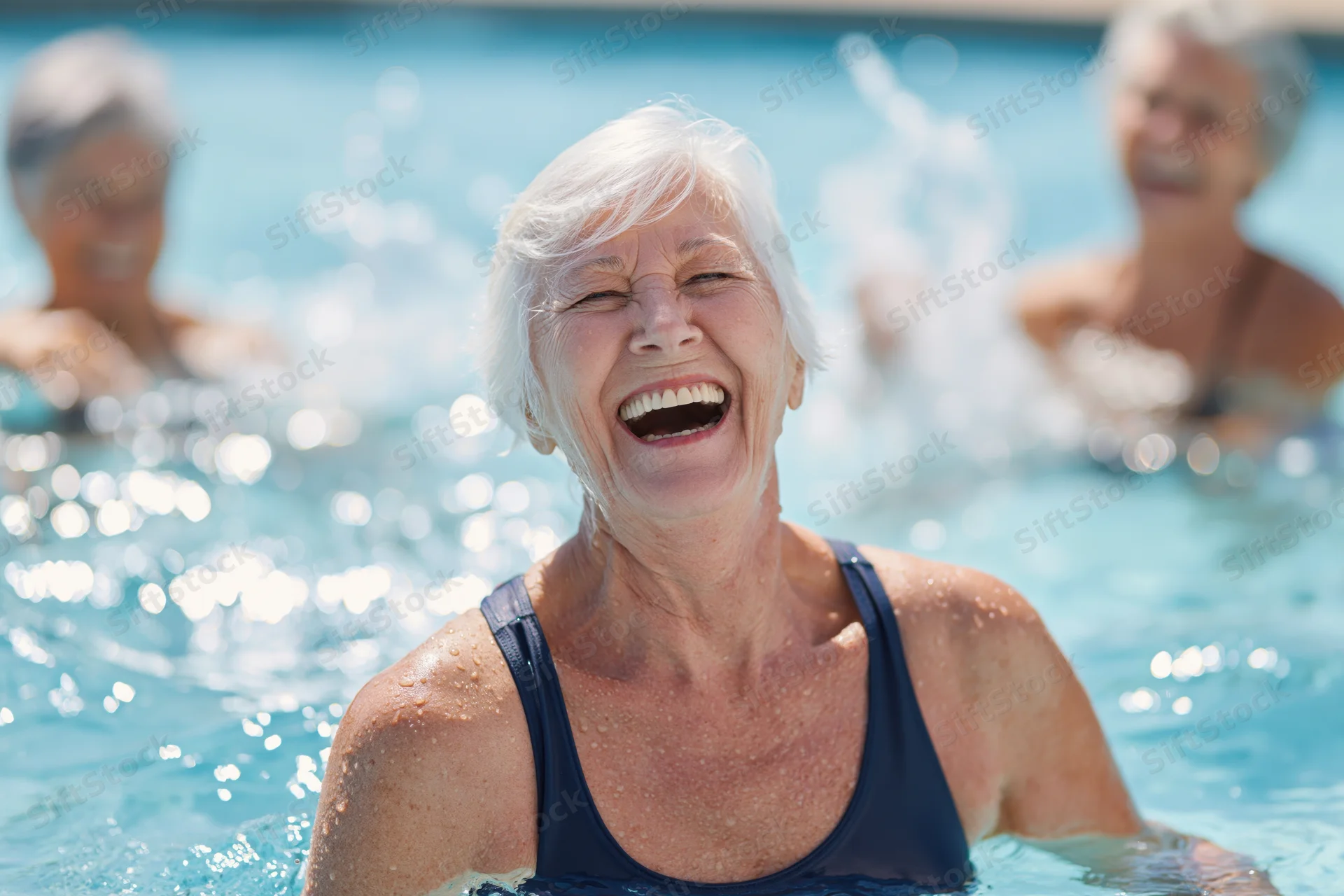 Senior woman laughing in a swimming pool with others during an aquatic exercise session