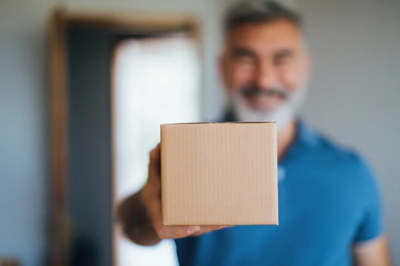 Smiling delivery man holding a cardboard box toward the camera indoors near a doorway