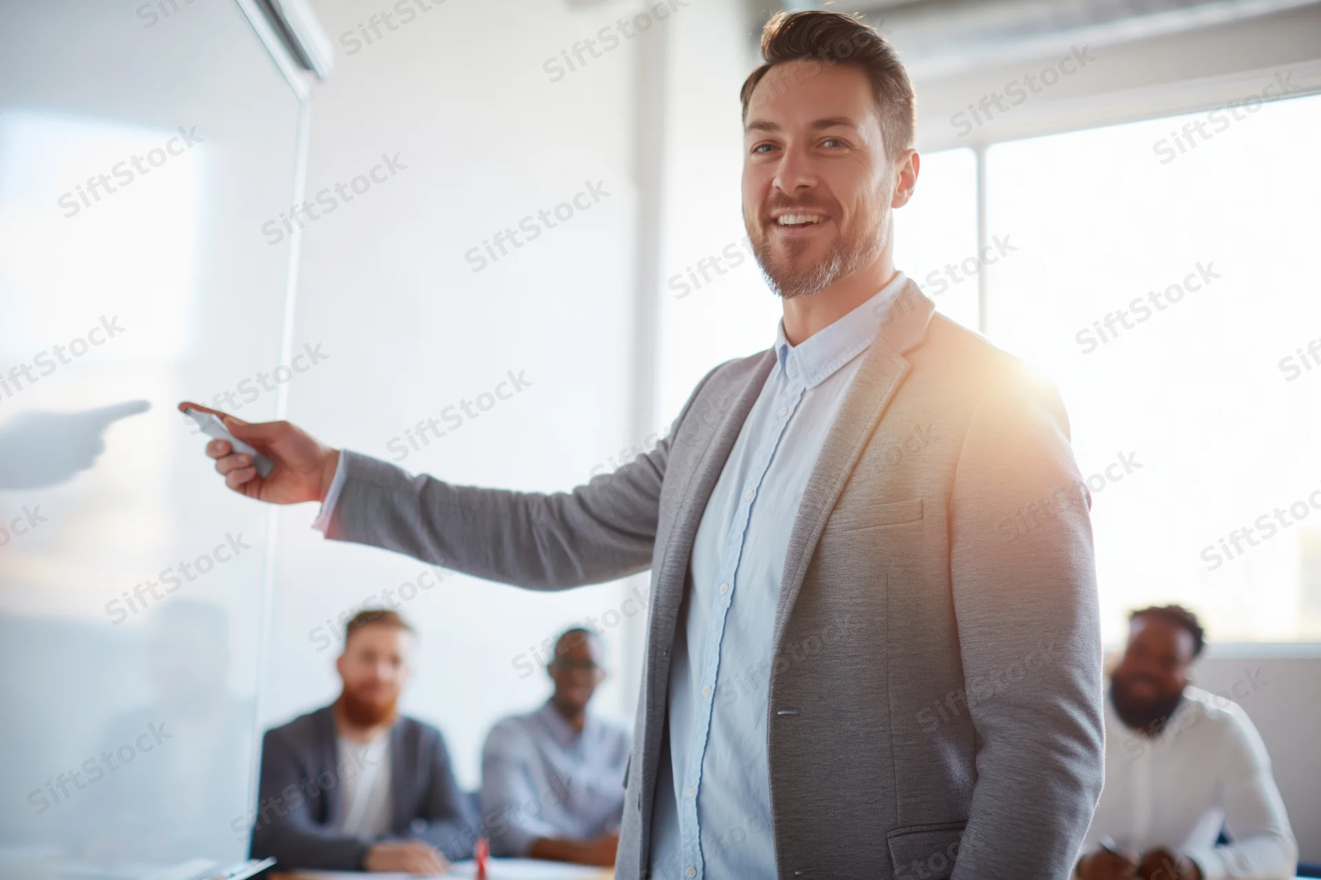 Man presenting at whiteboard in office meeting with colleagues observing