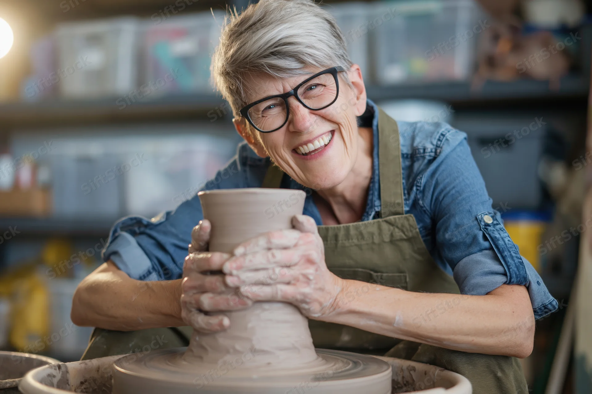 Smiling senior woman shaping clay on a pottery wheel in her workshop
