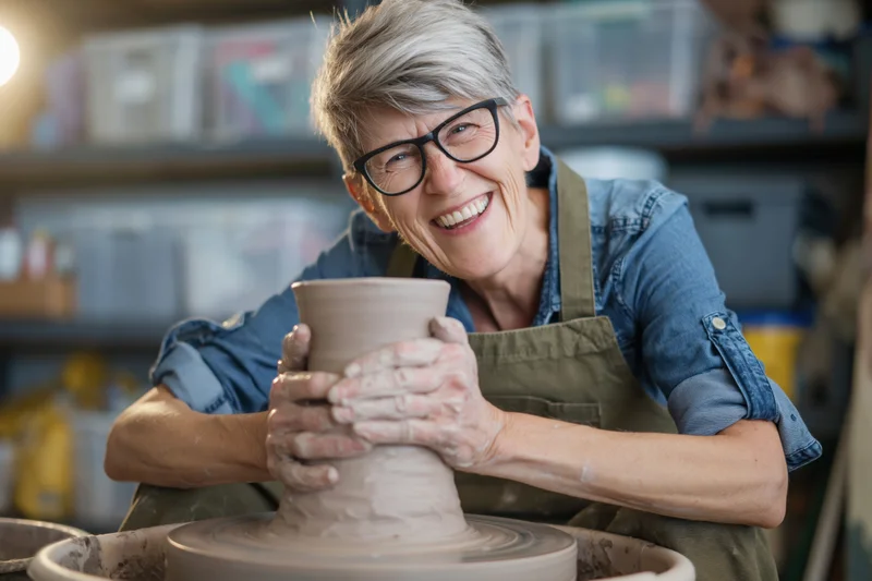 Smiling senior woman shaping clay on a pottery wheel in her workshop