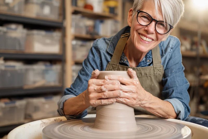 Smiling woman shaping clay on a pottery wheel in her workshop