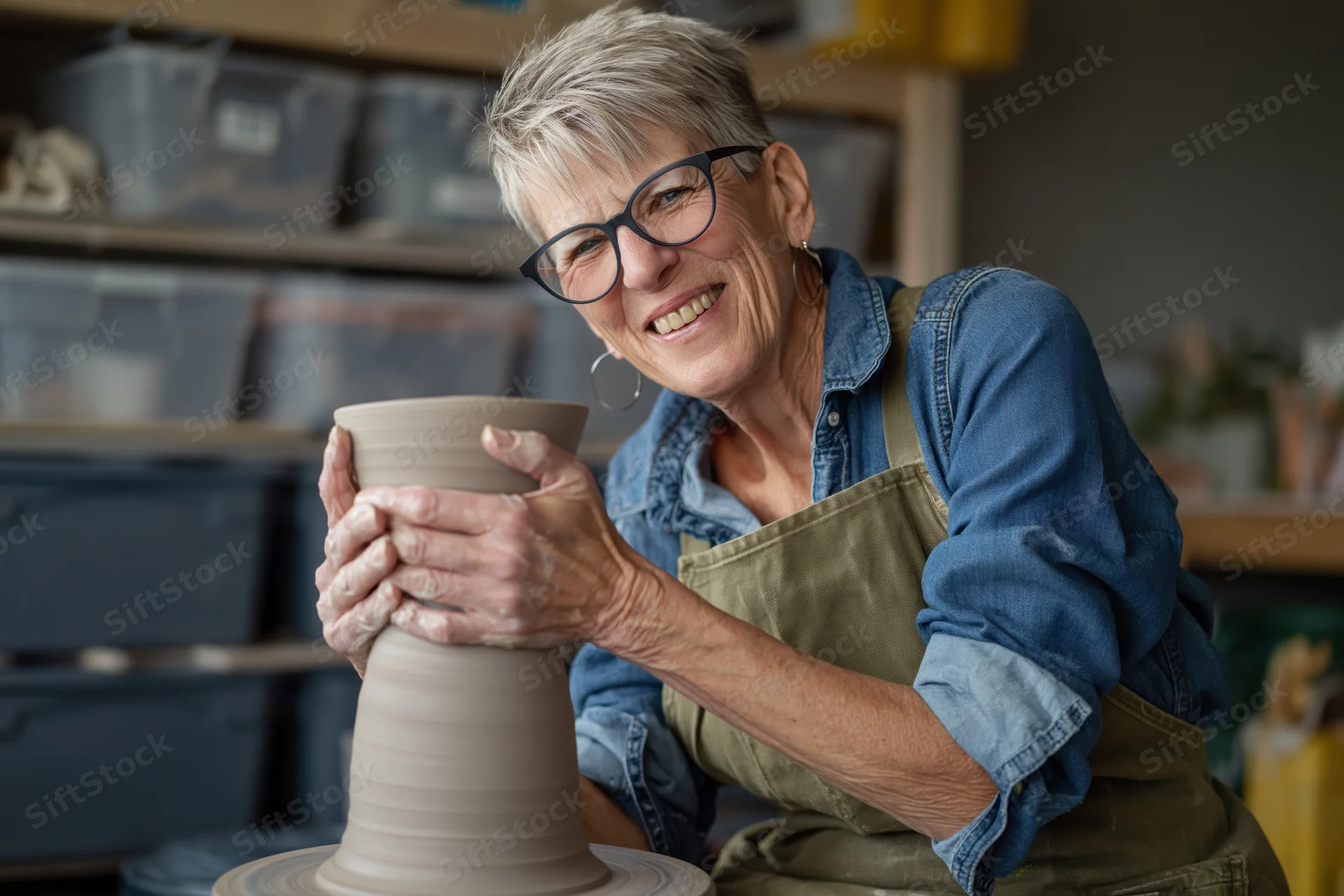 Older woman shaping wet clay on a pottery wheel in her studio