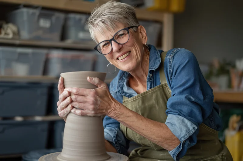 Older woman shaping wet clay on a pottery wheel in her studio