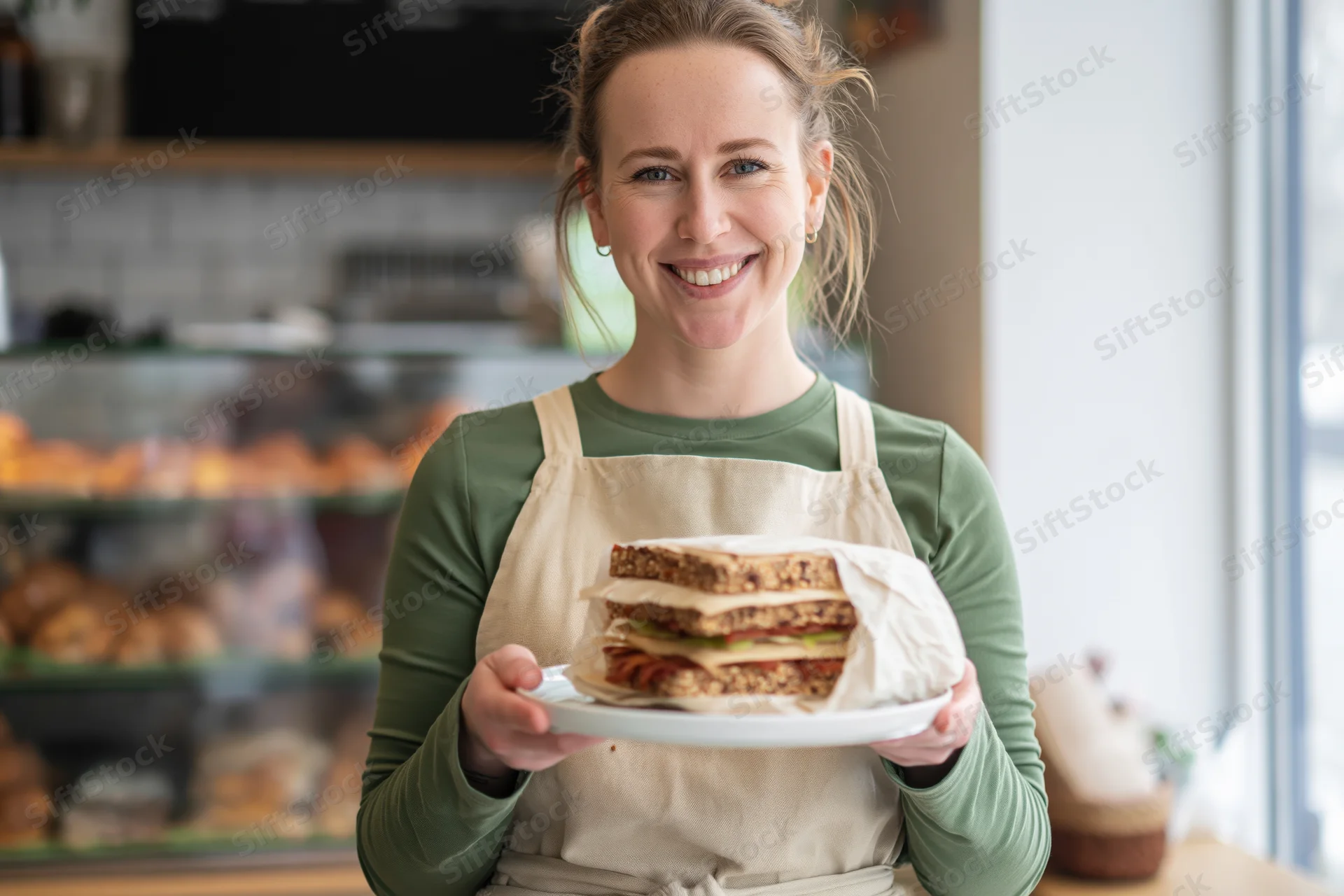 Smiling young woman in beige apron holding plate with sandwich in bakery interior