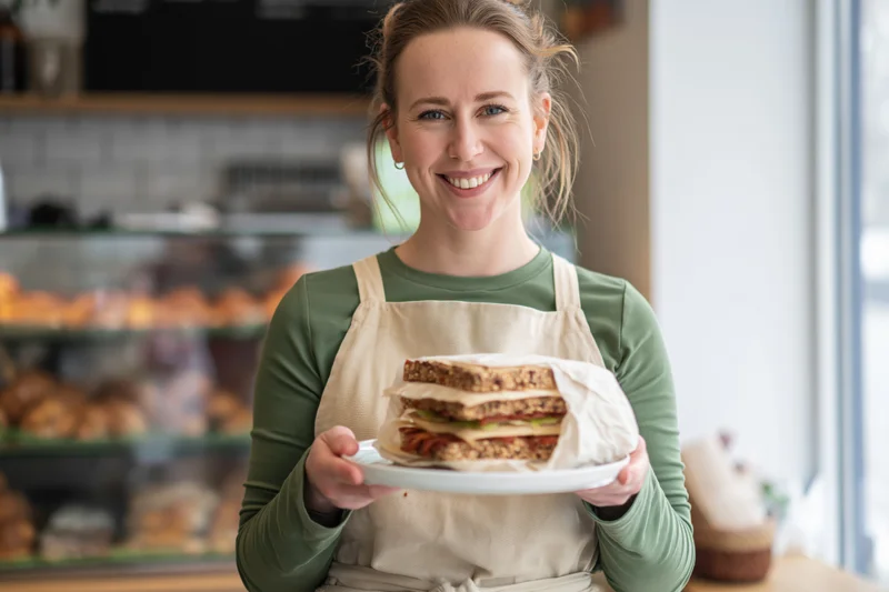 Smiling young woman in beige apron holding plate with sandwich in bakery interior