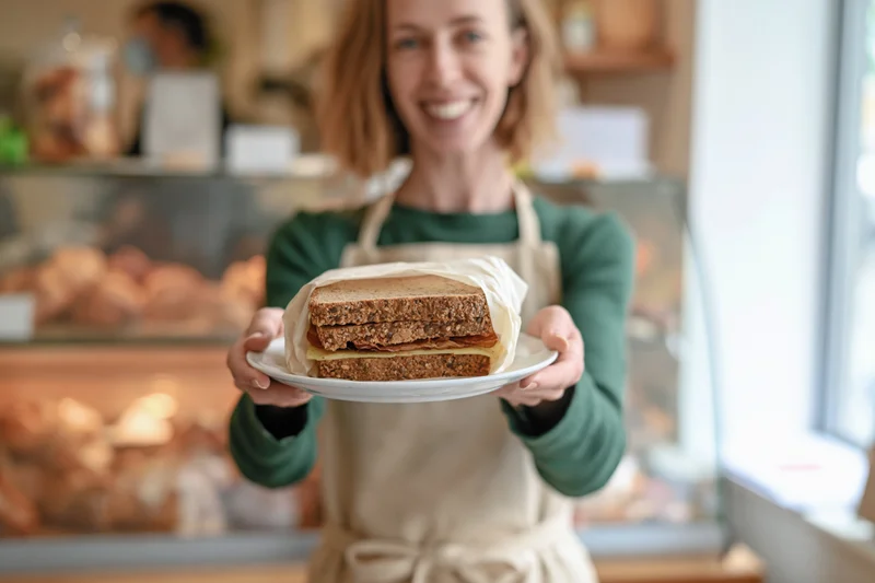 Smiling woman in apron holding sandwich on plate in bakery