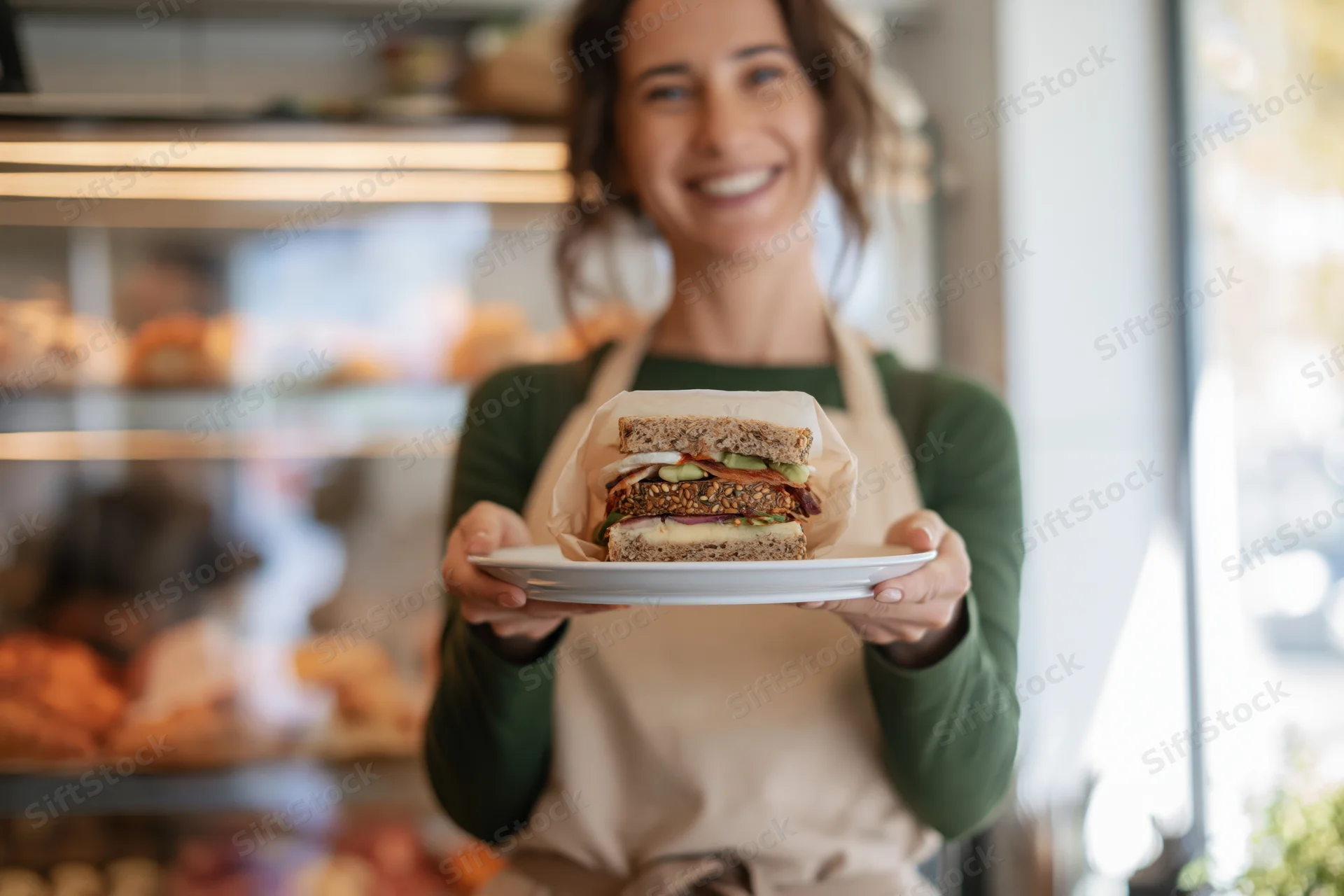 Woman holding a layered sandwich on a white plate in a cafe