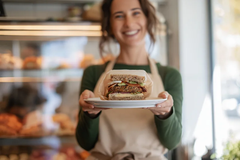 Woman holding a layered sandwich on a white plate in a cafe