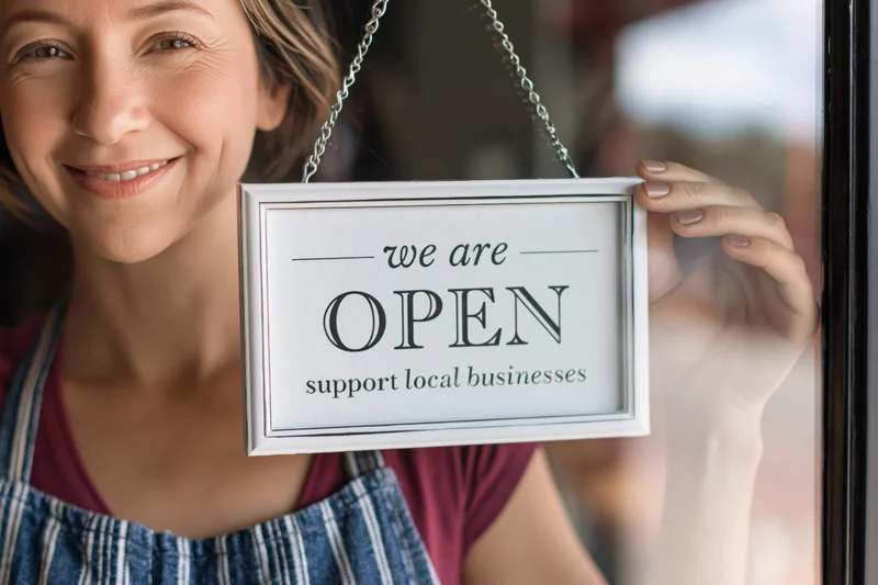 Smiling woman in apron holding open sign in shop window