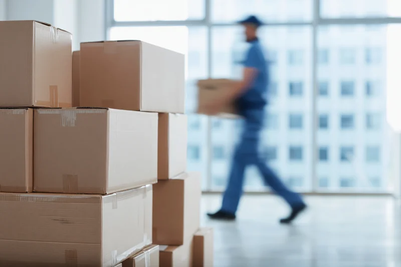 Stacks of cardboard boxes in foreground with delivery worker carrying box in motion behind large windows