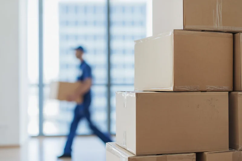 Stacks of cardboard moving boxes in the foreground with a delivery worker carrying a box in the blurred background of an office interior