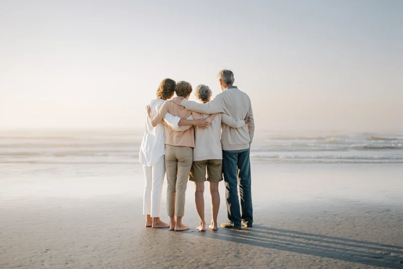 Three-generation family standing together on wet sand at beach with arms around each other