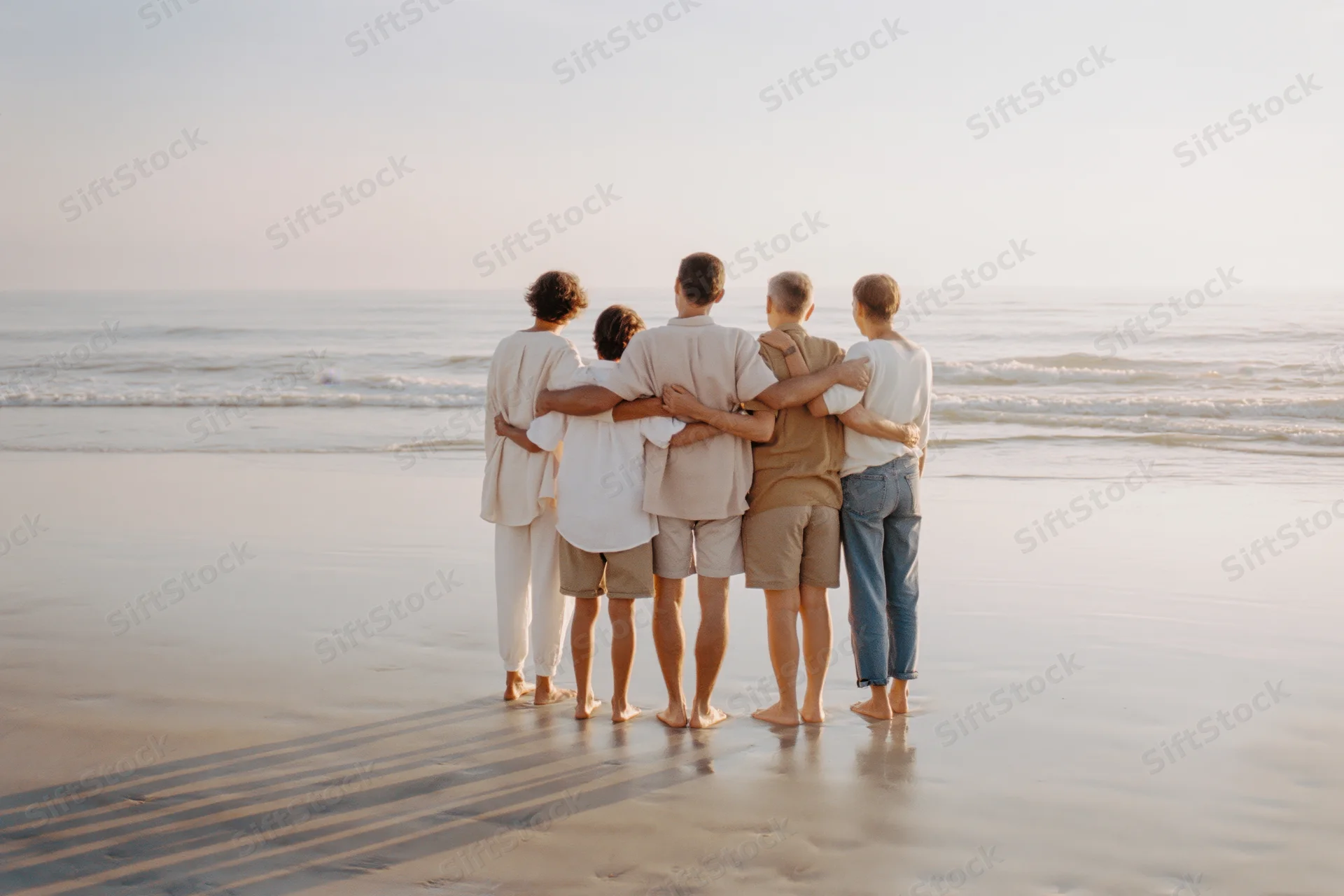 Three-generation family standing together on wet beach sand with arms around each other facing ocean