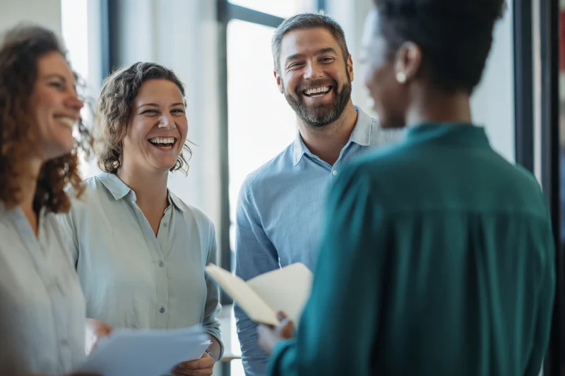 Colleagues laughing during a casual office meeting holding papers near a window