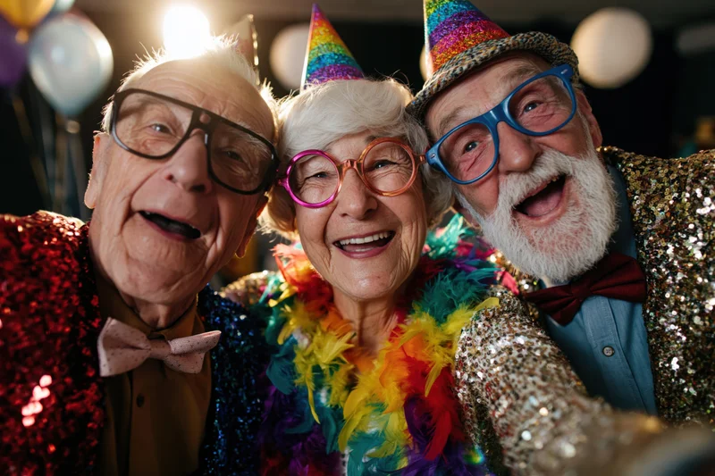 Three elderly friends laughing and posing for a selfie at a party