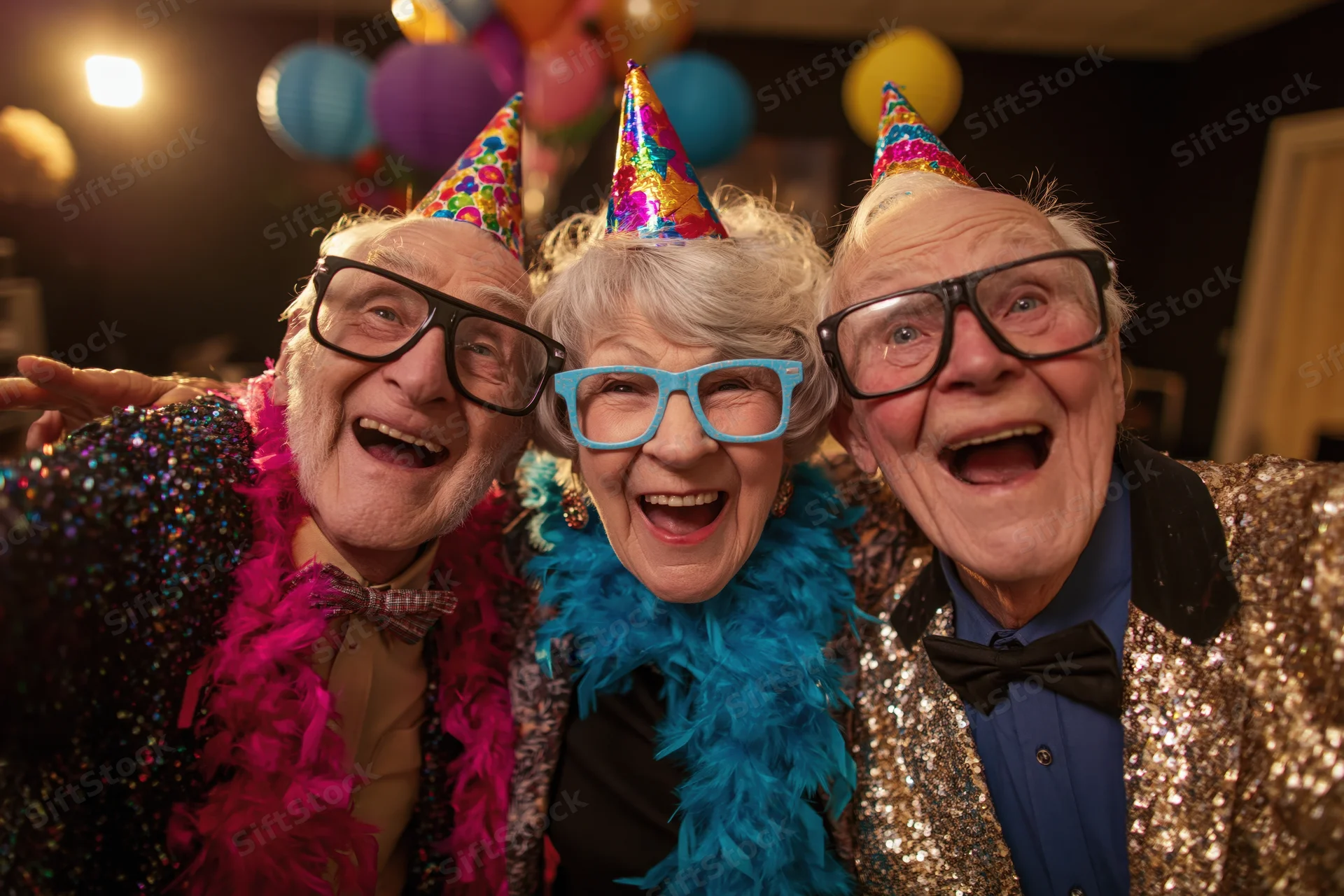 Three elderly friends laughing and posing for a selfie at a party with party hats and feather boas