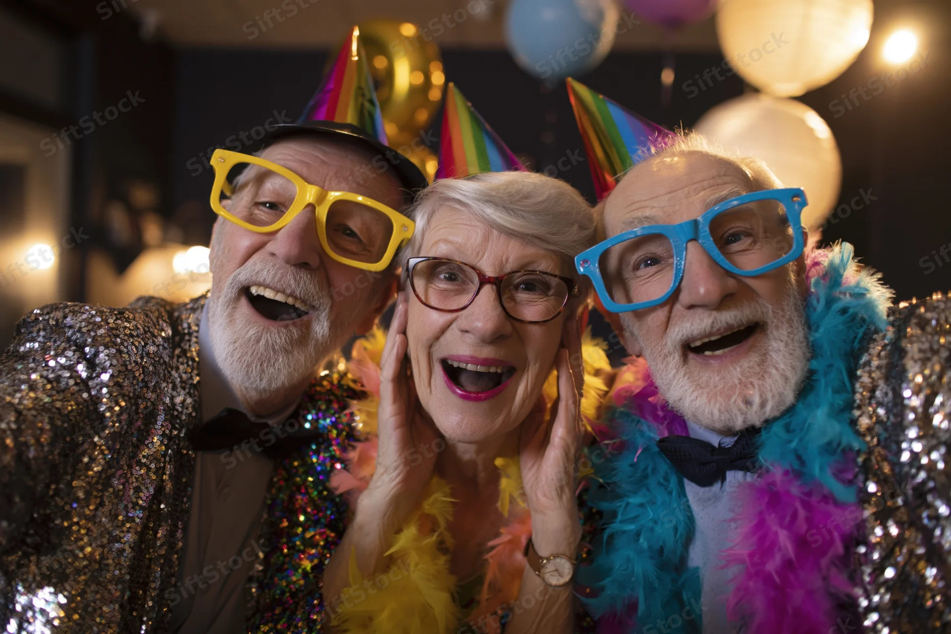 Three elderly friends laughing and posing for a selfie at a festive party with party hats and feather boas