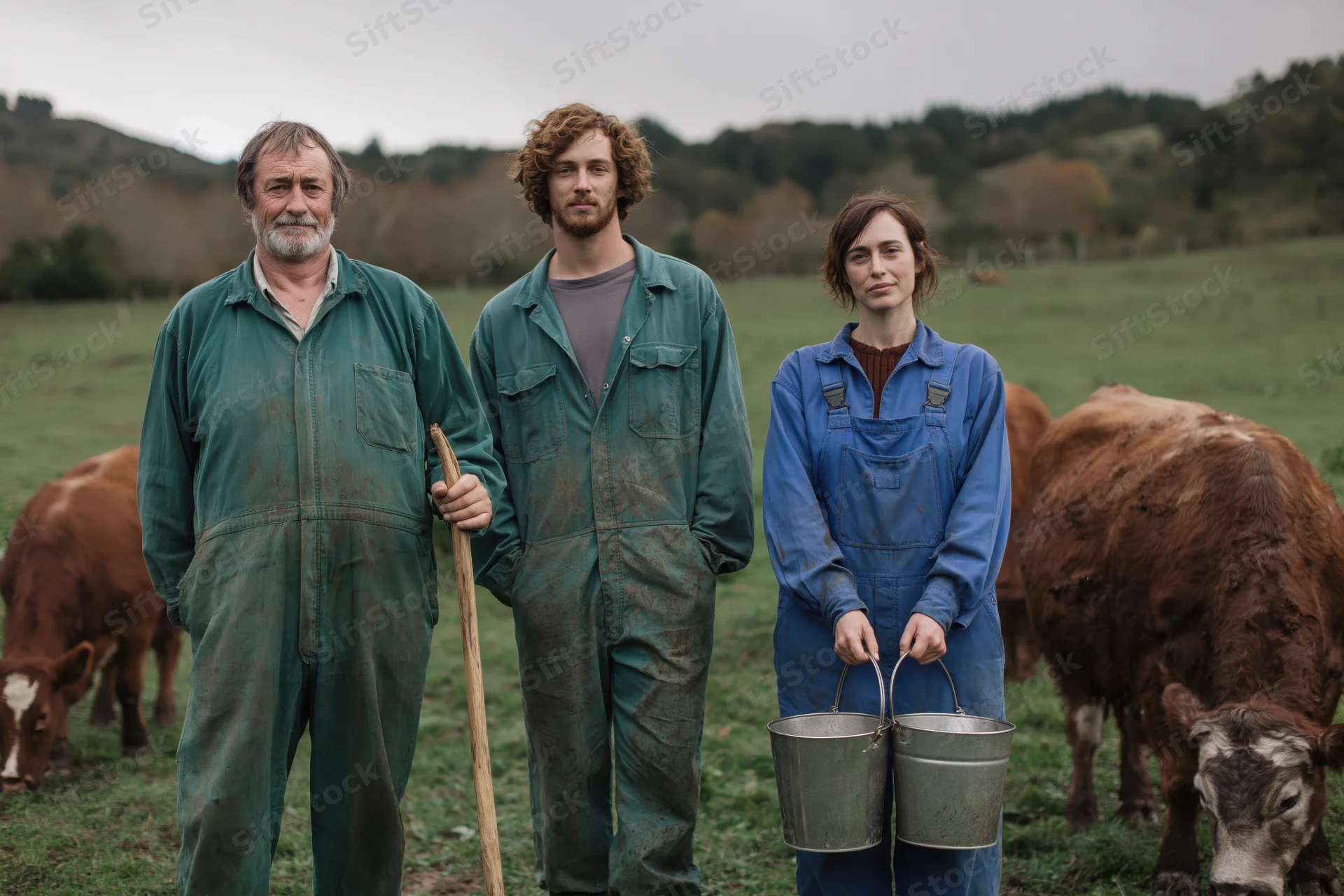 Three farmers standing in a pasture with cows, wearing overalls and holding farming tools