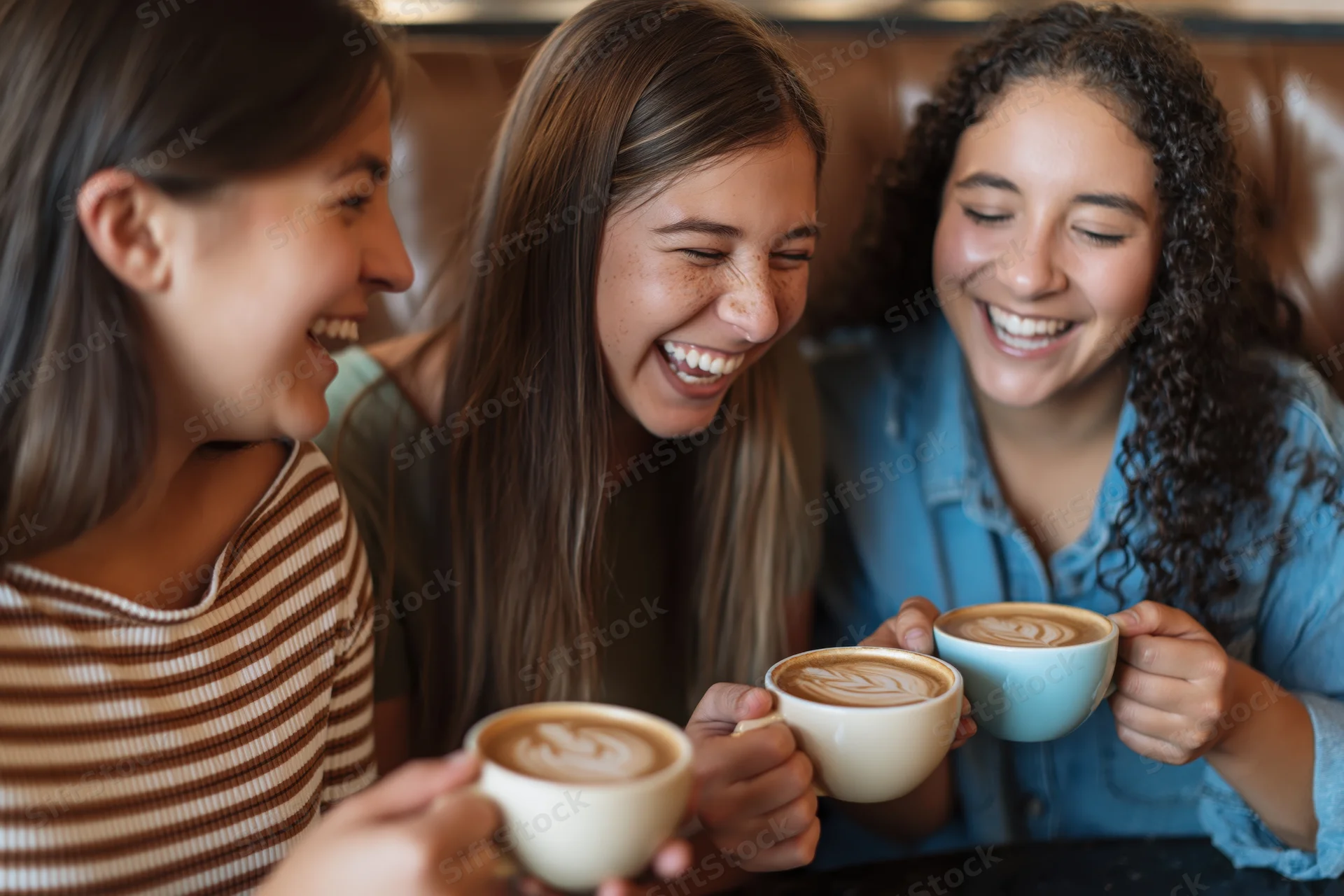 Three young women laughing together while holding coffee cups at a cafe table