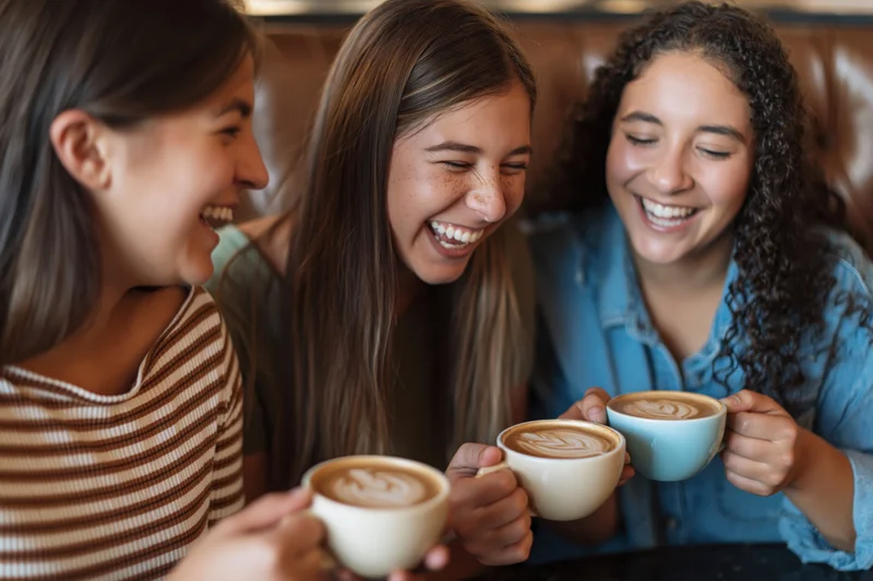 Three young women laughing together at cafe holding cups