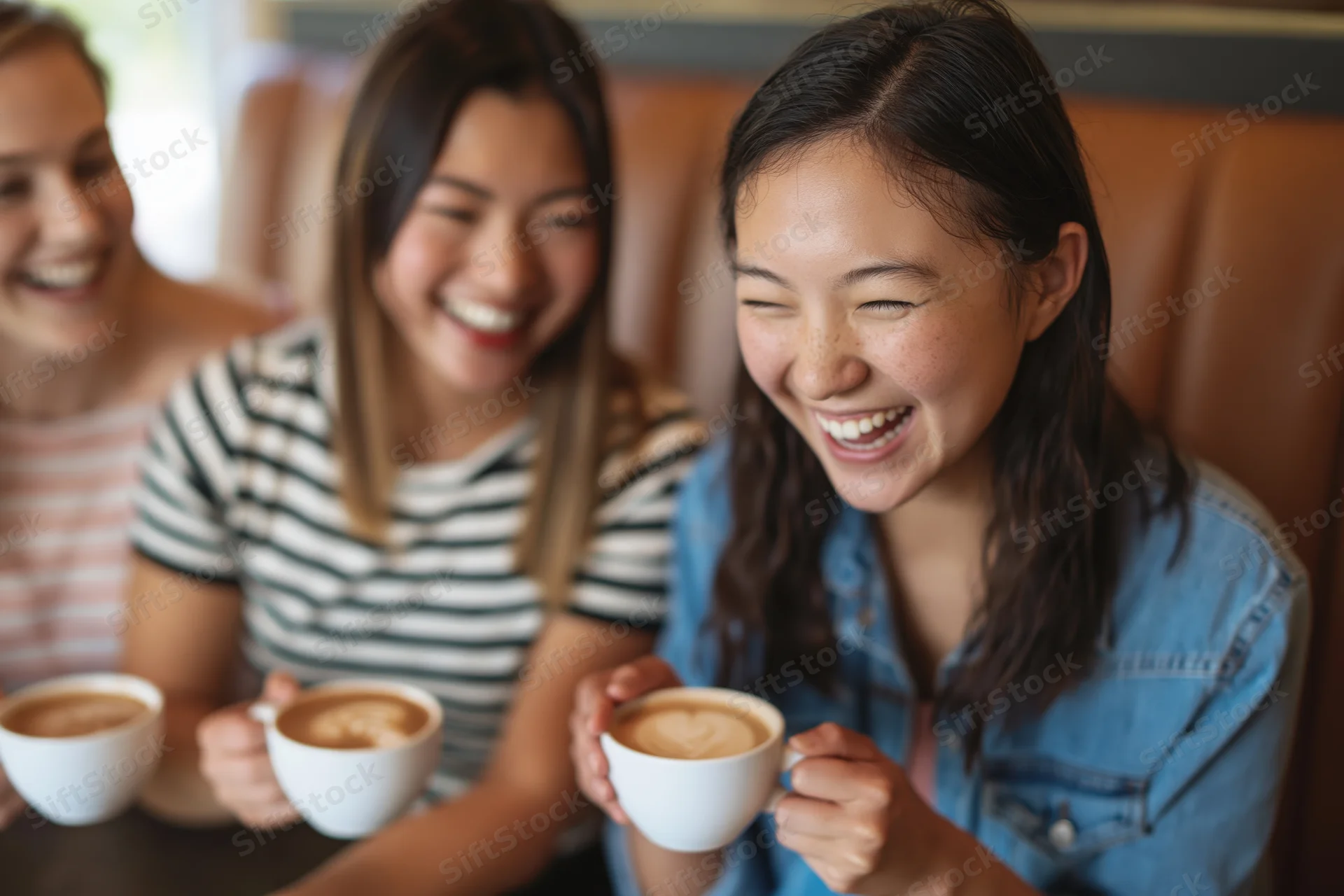 Three young women laughing together at a cafe table holding coffee cups
