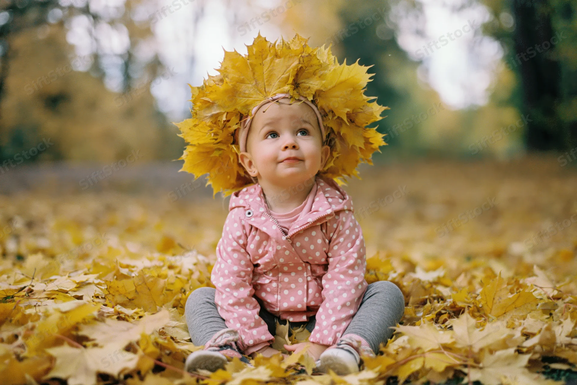 Toddler girl sitting in fallen maple leaves wearing leaf crown in autumn park
