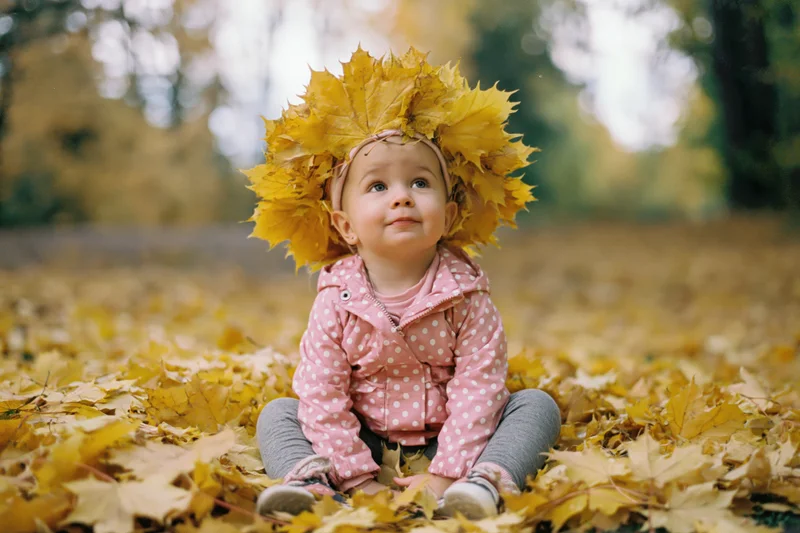Toddler girl sitting in fallen maple leaves wearing leaf crown in autumn park