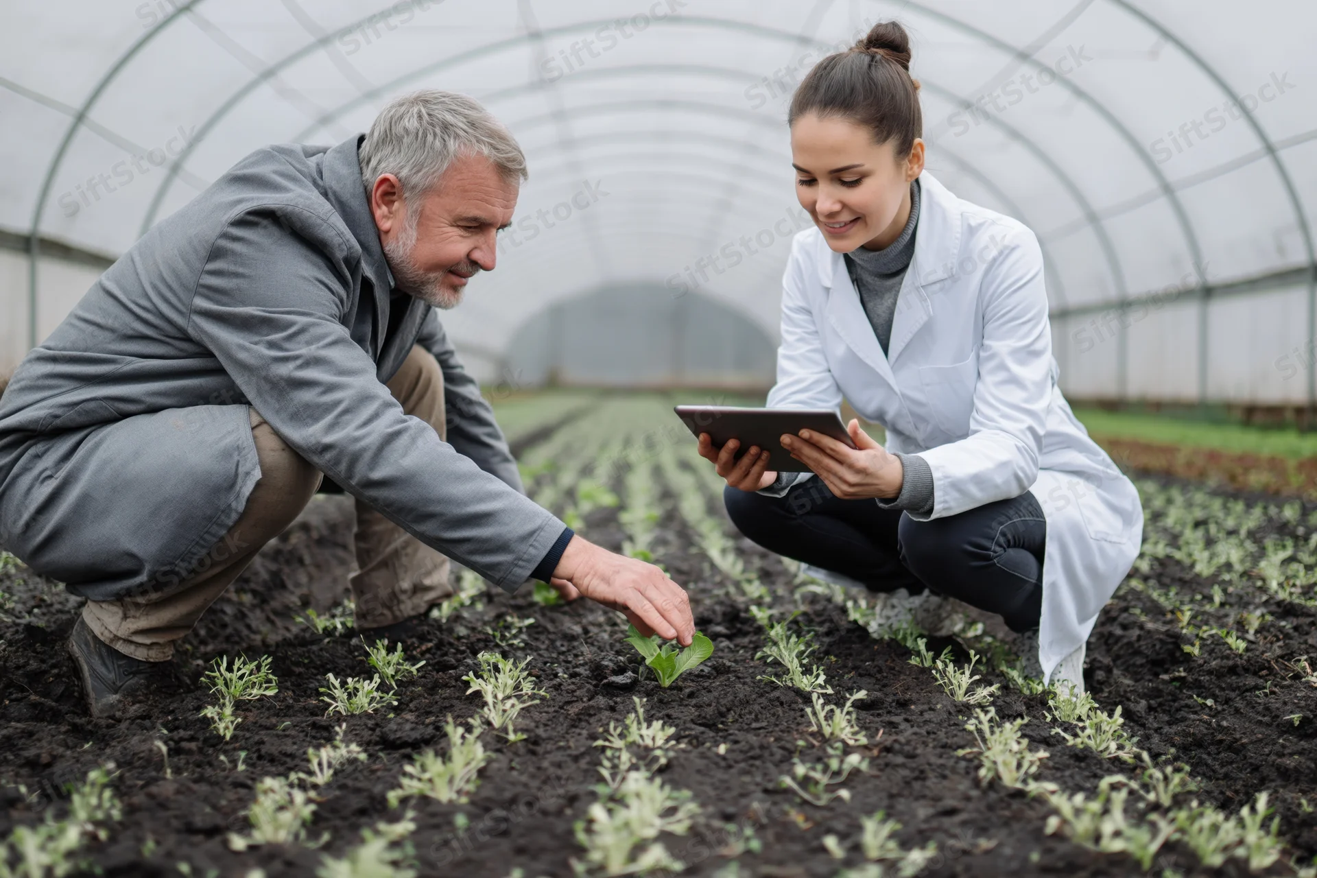 Two agronomists crouching between rows of young lettuce seedlings in a greenhouse, examining plants with a tablet