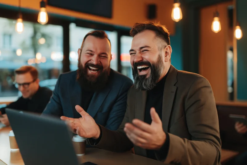 Two bearded men laughing at a laptop screen in a cafe