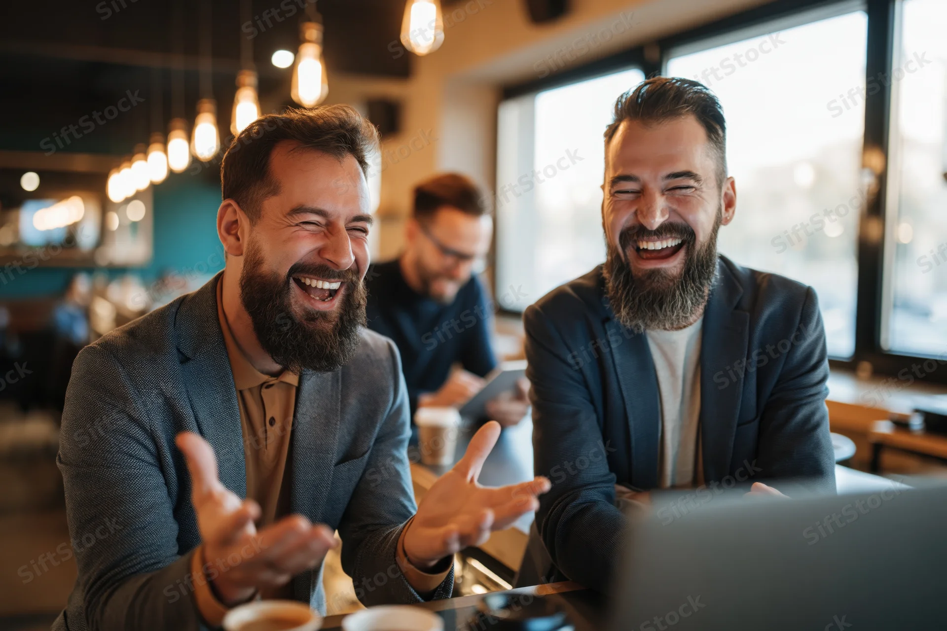 Two bearded men in blazers laughing at a laptop screen in an office setting