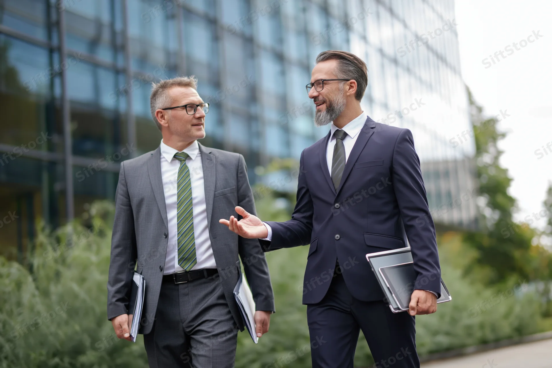 Two businessmen in suits walking and talking outside a modern glass office building