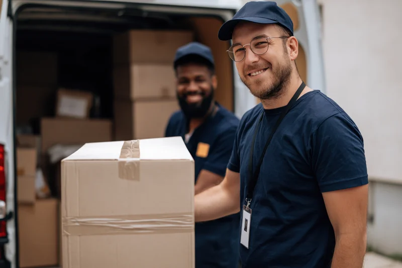 Two delivery workers unloading cardboard boxes from the back of a van