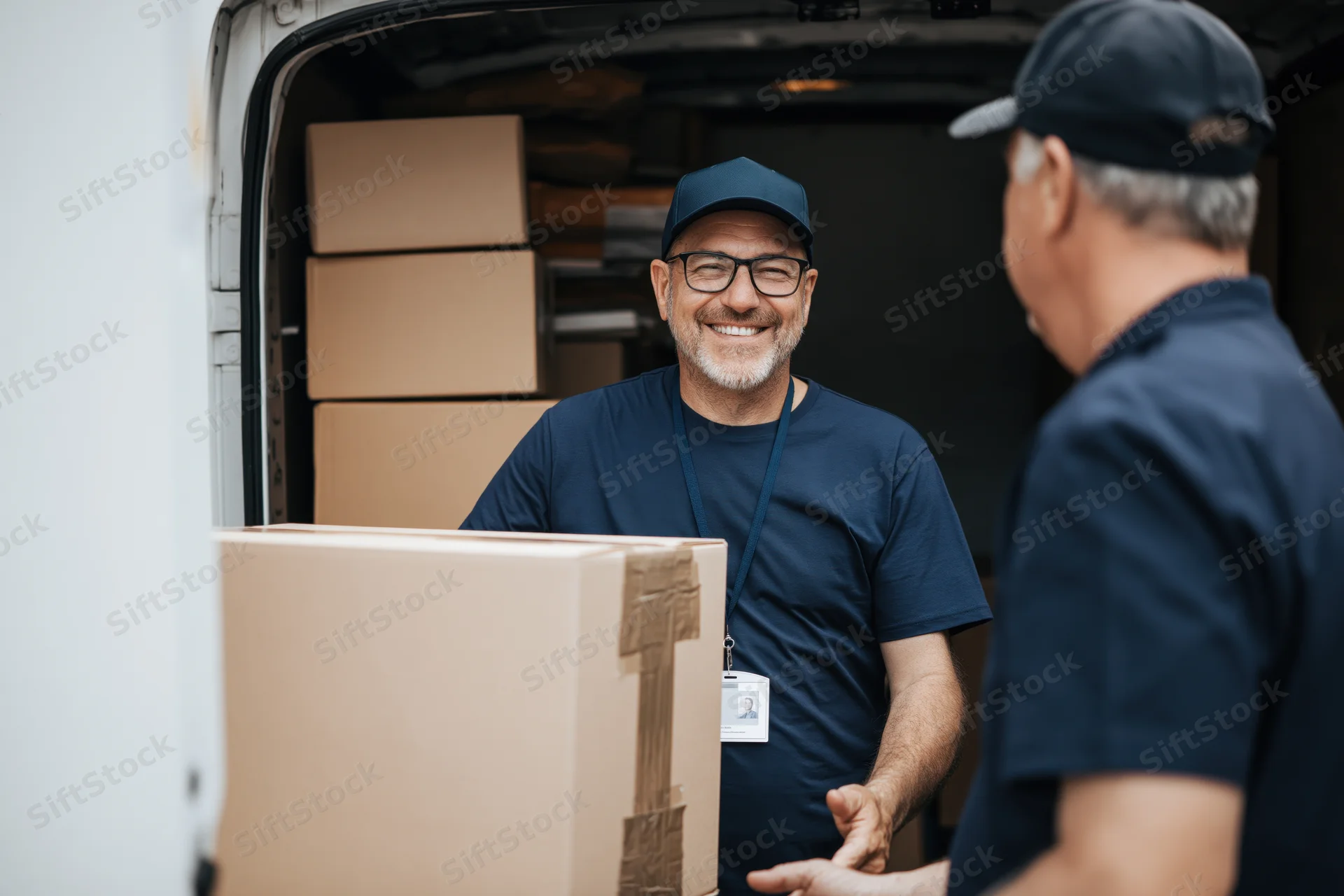 Delivery worker smiling while unloading cardboard boxes from van interior