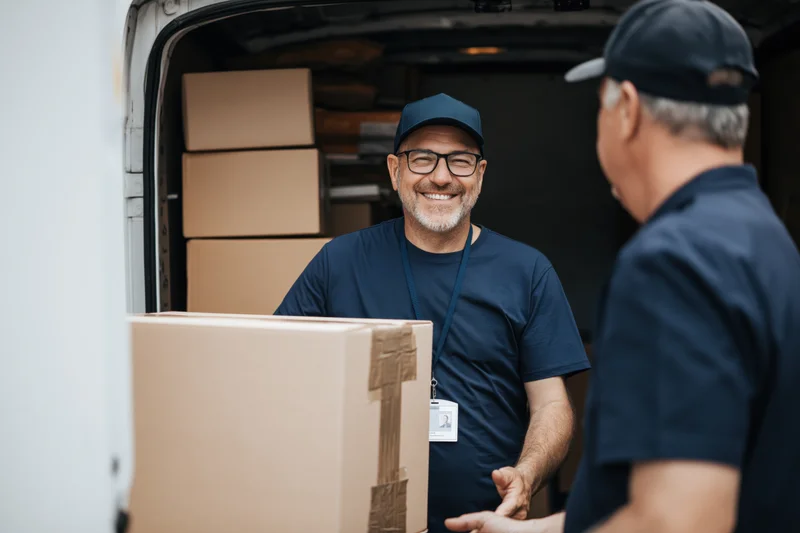 Delivery worker smiling while unloading cardboard boxes from van interior
