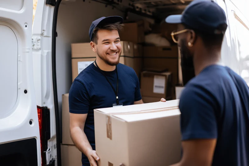 Two delivery workers unloading cardboard boxes from the back of a white van