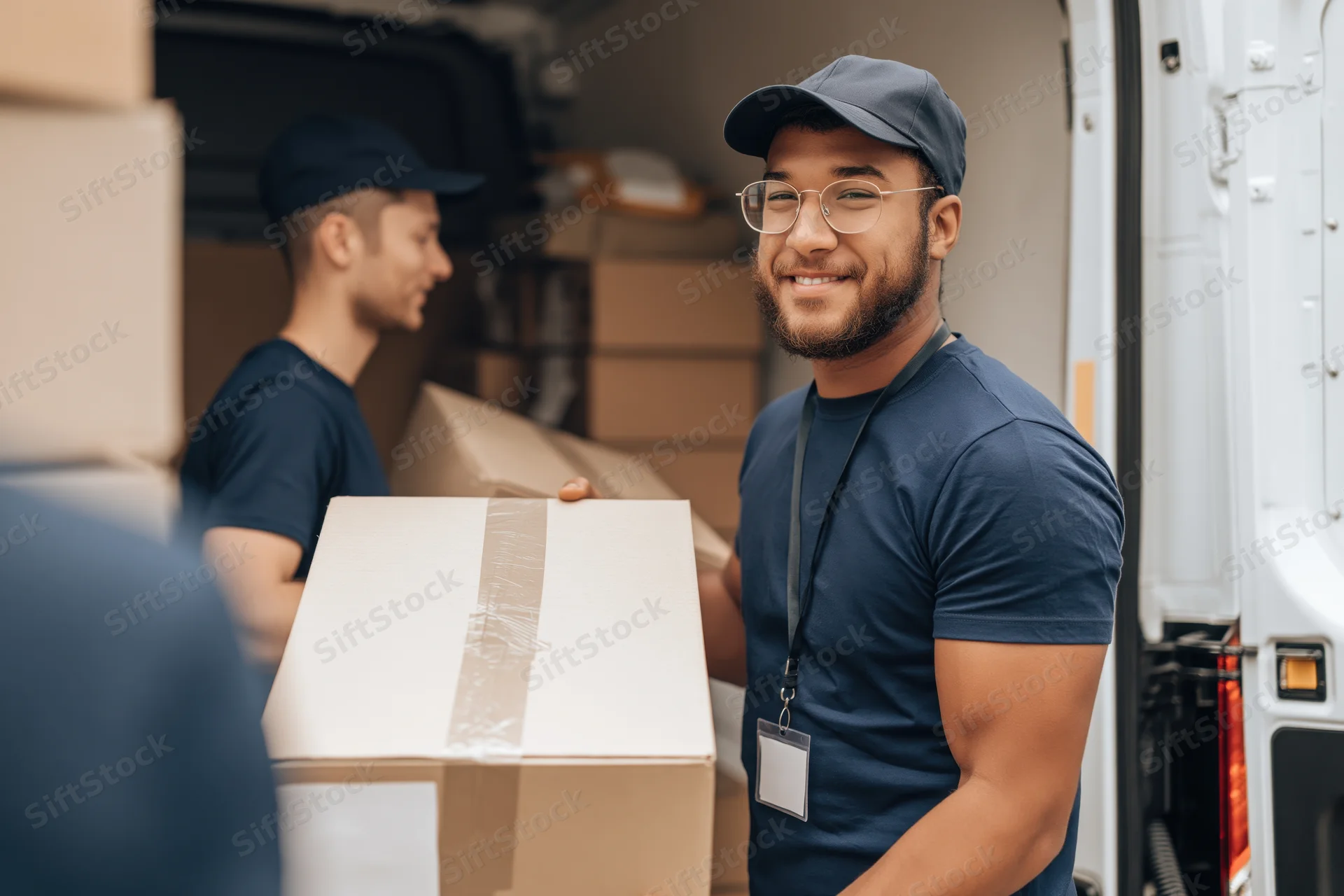 Delivery worker carrying a cardboard box from a van while smiling
