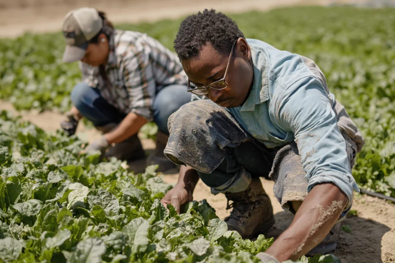 Two farm workers crouching among rows of leafy green crops in a field