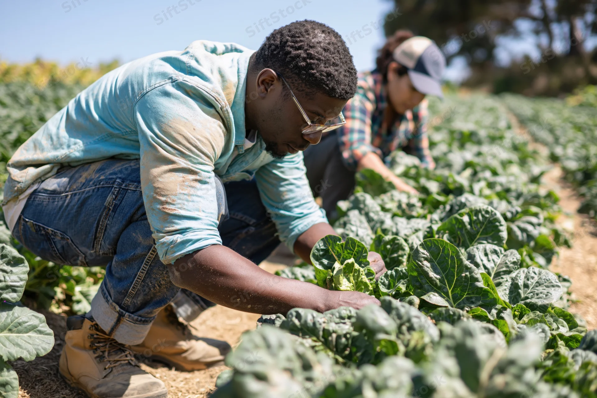 Black man and woman crouching among rows of leafy green crops in a farm field inspecting plants