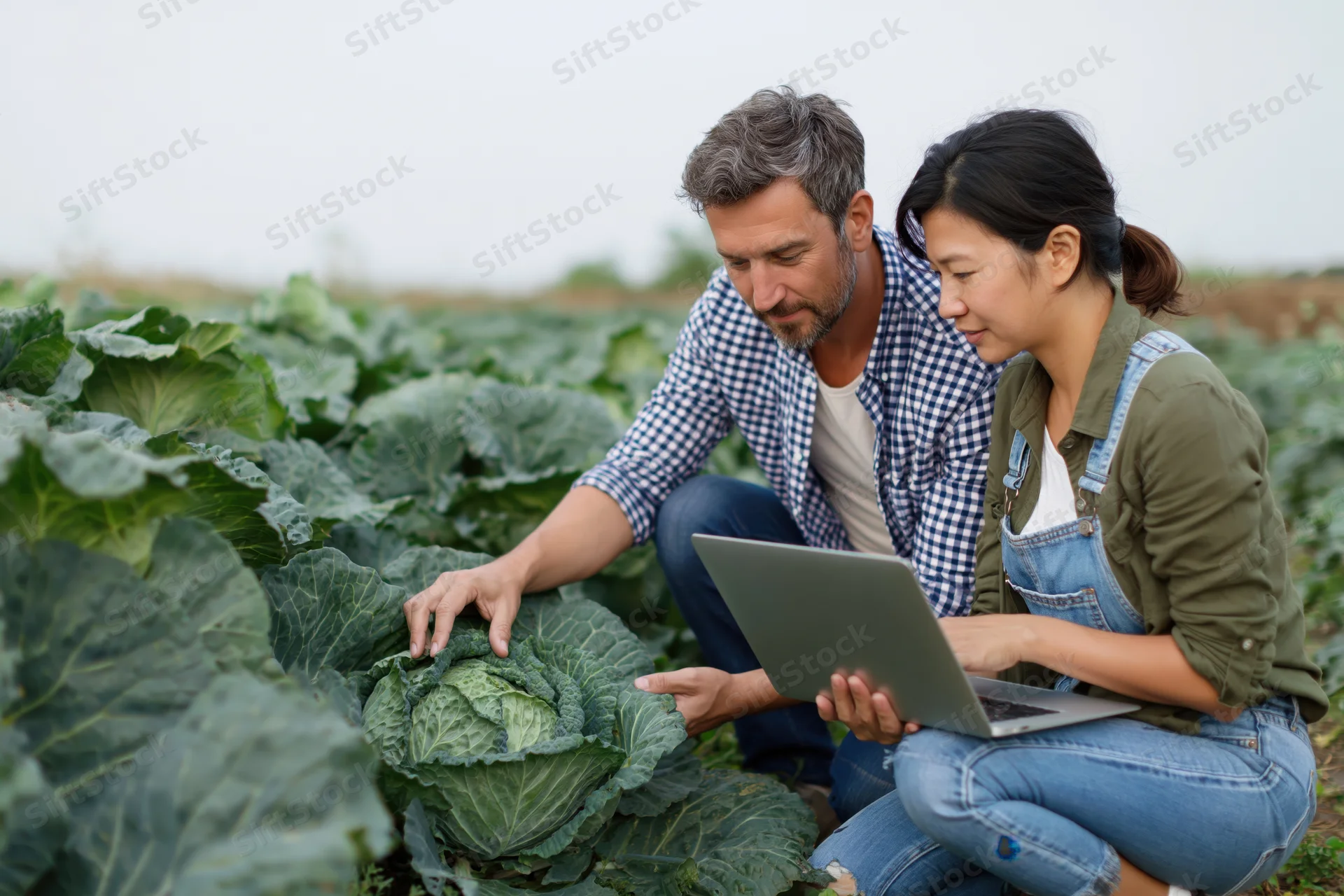 Two farmers crouching in a cabbage field examining a plant while using a laptop for crop assessment