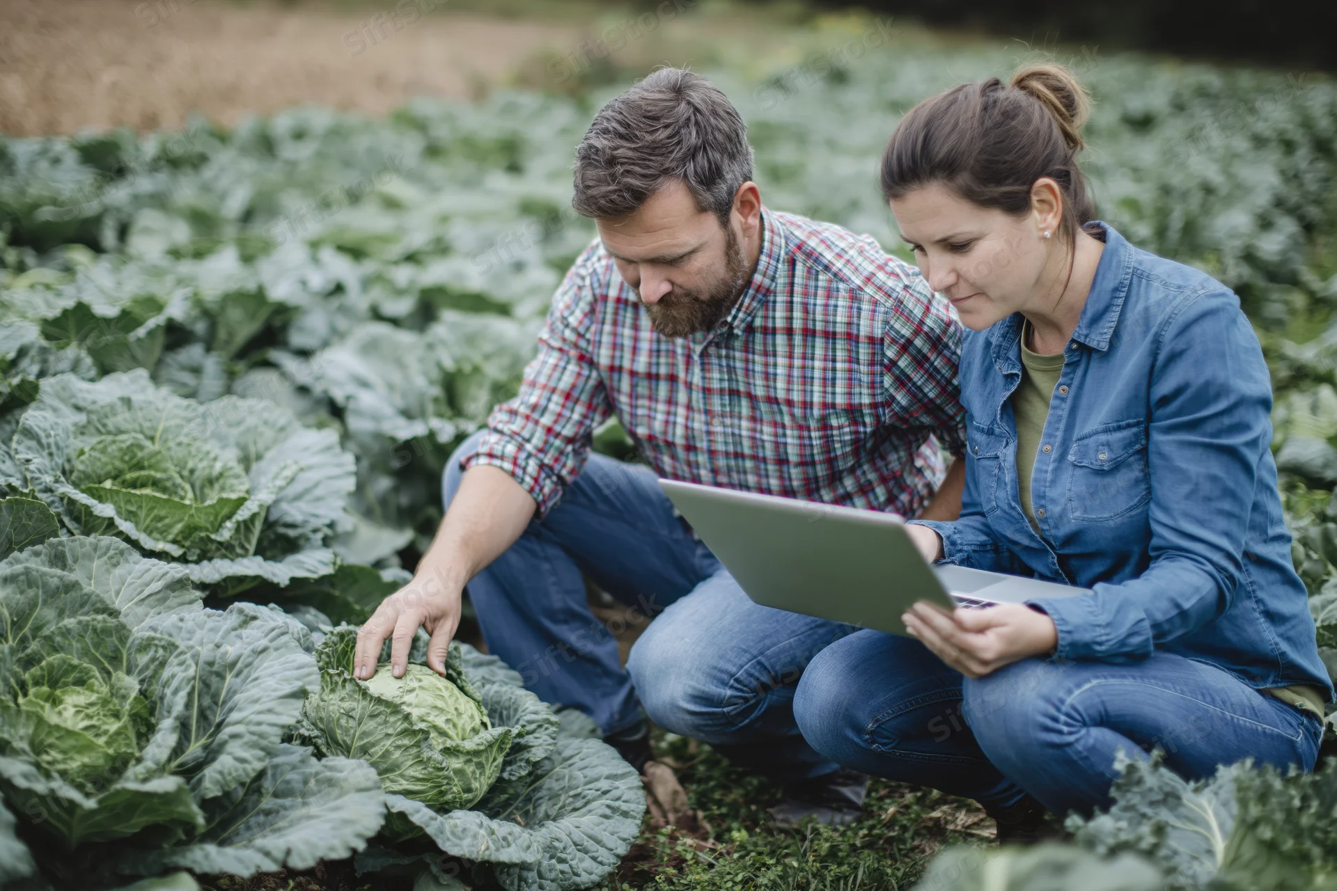 Two farmers crouching in a cabbage field inspecting crops with a tablet