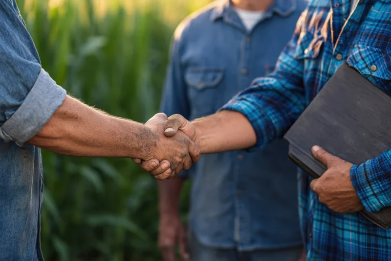 Two farmers shaking hands in a cornfield, one holding a notebook