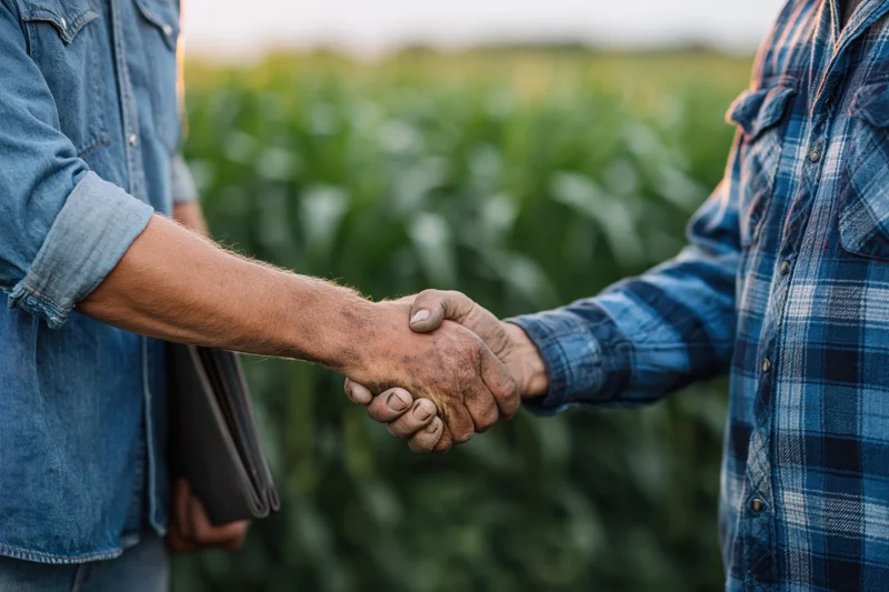 Two farmers shaking hands in a cornfield