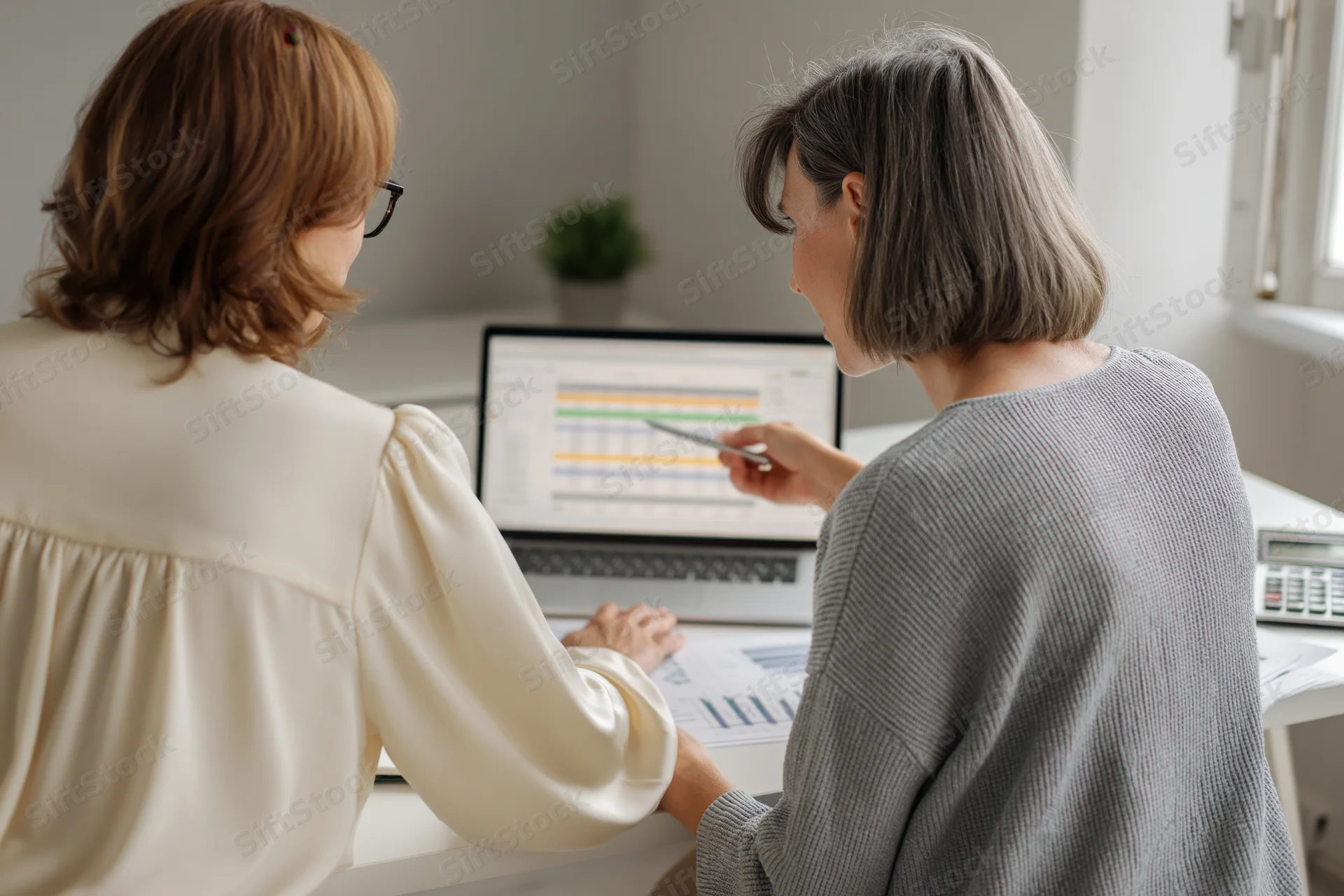 Two women reviewing financial data on a laptop in an office setting