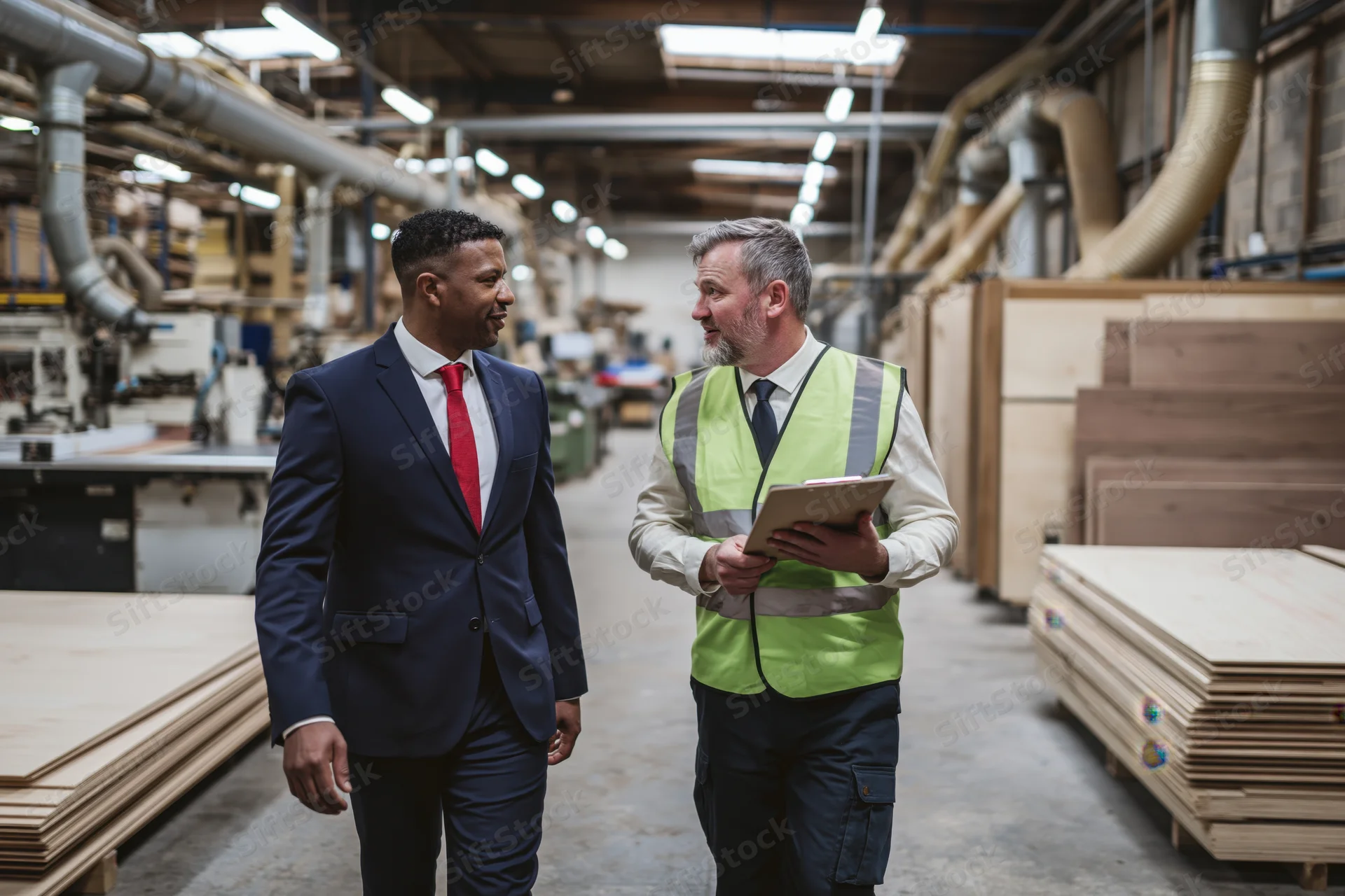Two men conversing while walking through a woodworking factory floor
