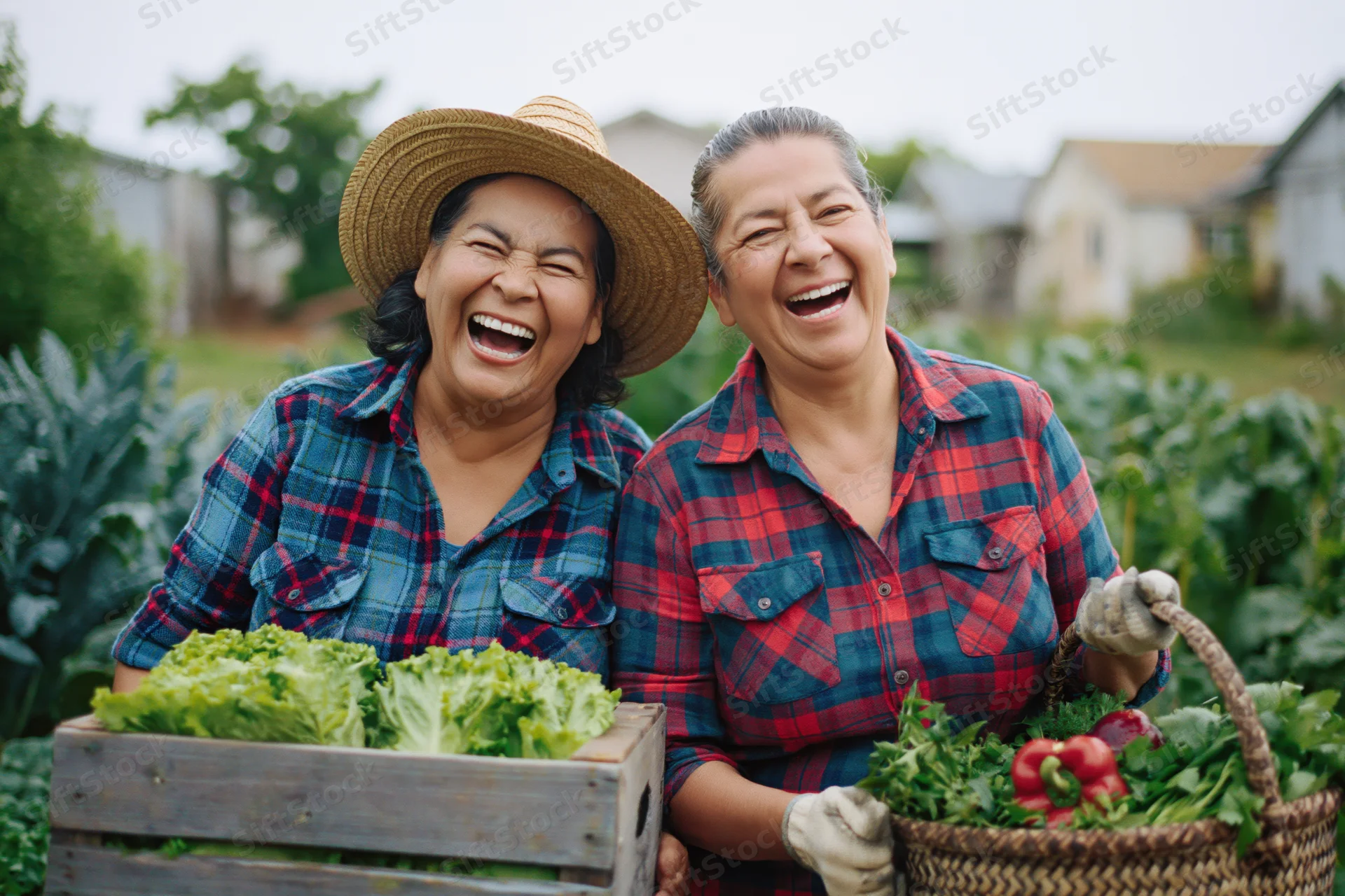 Two older latina women laughing while holding baskets of fresh vegetables in a community garden